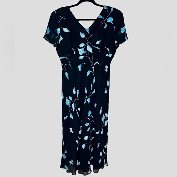 Vintage Coldwater Creek Black Blue Flowers Short Sleeve Floral Midi Dress V-neck - Picture 2 of 7